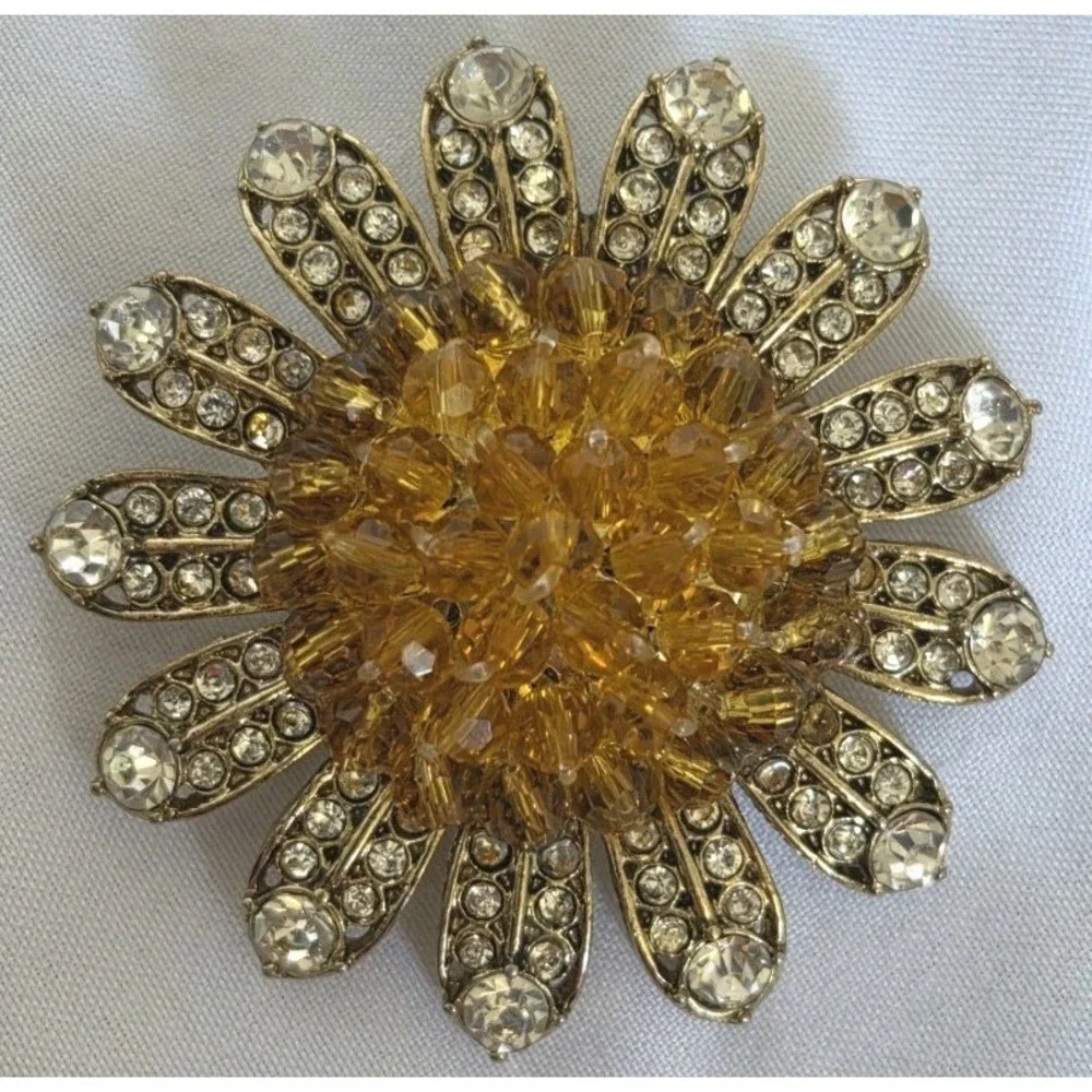 Vintage Sunflower Amber / Clear Rhinestone Petals Goldtone